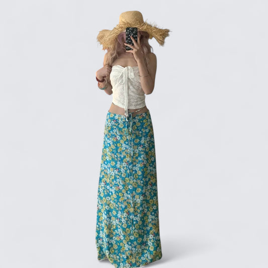 White Tie-Front Bustier and Blue Floral Skirt Y2K Two Pieces Sets