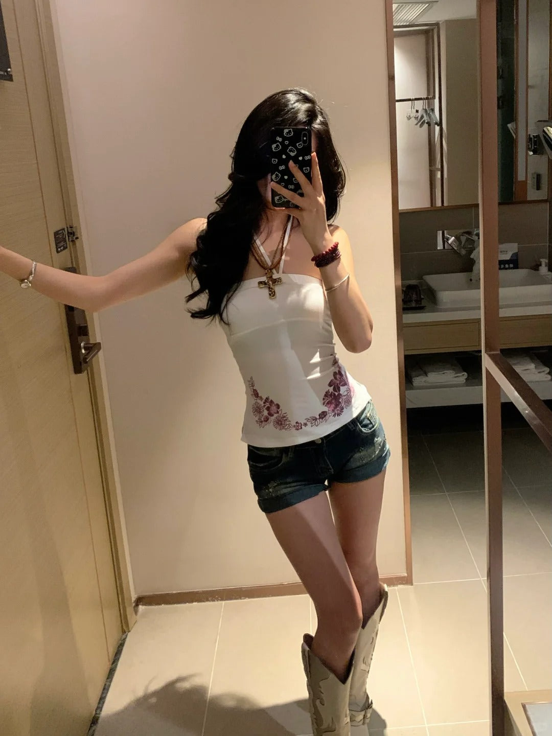 White Halter and Blue Mini Shorts Y2K Two Pieces Sets