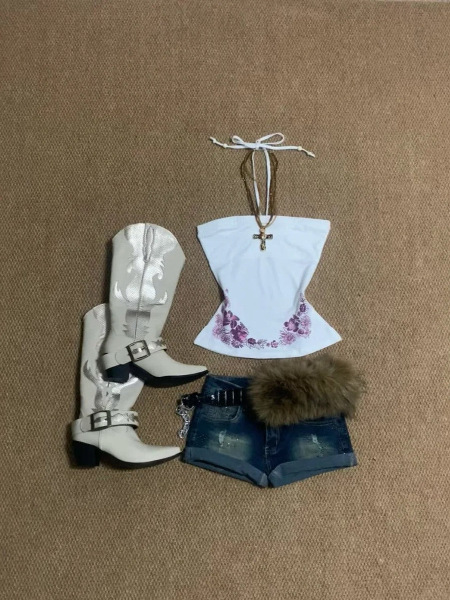 White Halter and Blue Mini Shorts Y2K Two Pieces Sets