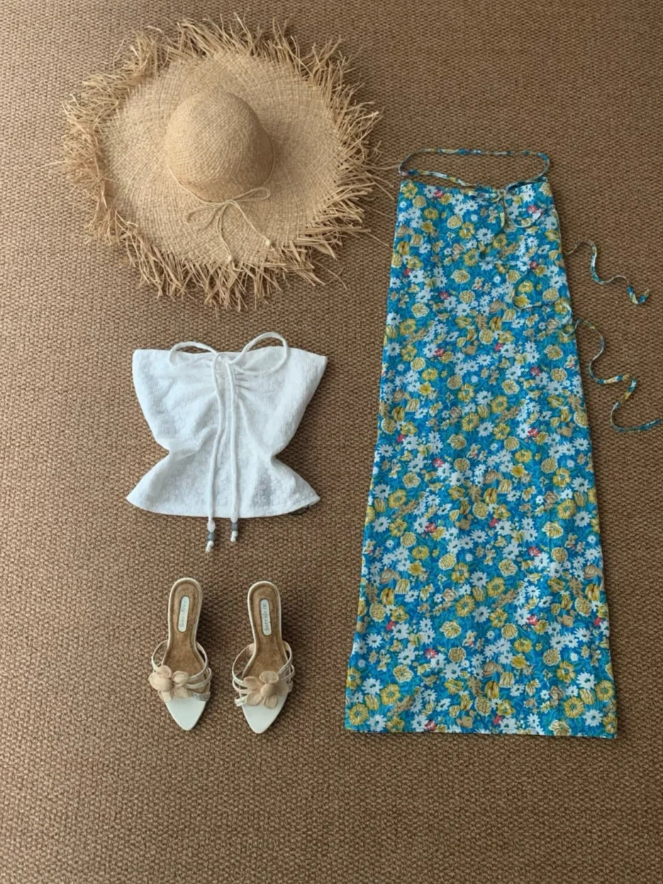 White Tie-Front Bustier and Blue Floral Skirt Y2K Two Pieces Sets