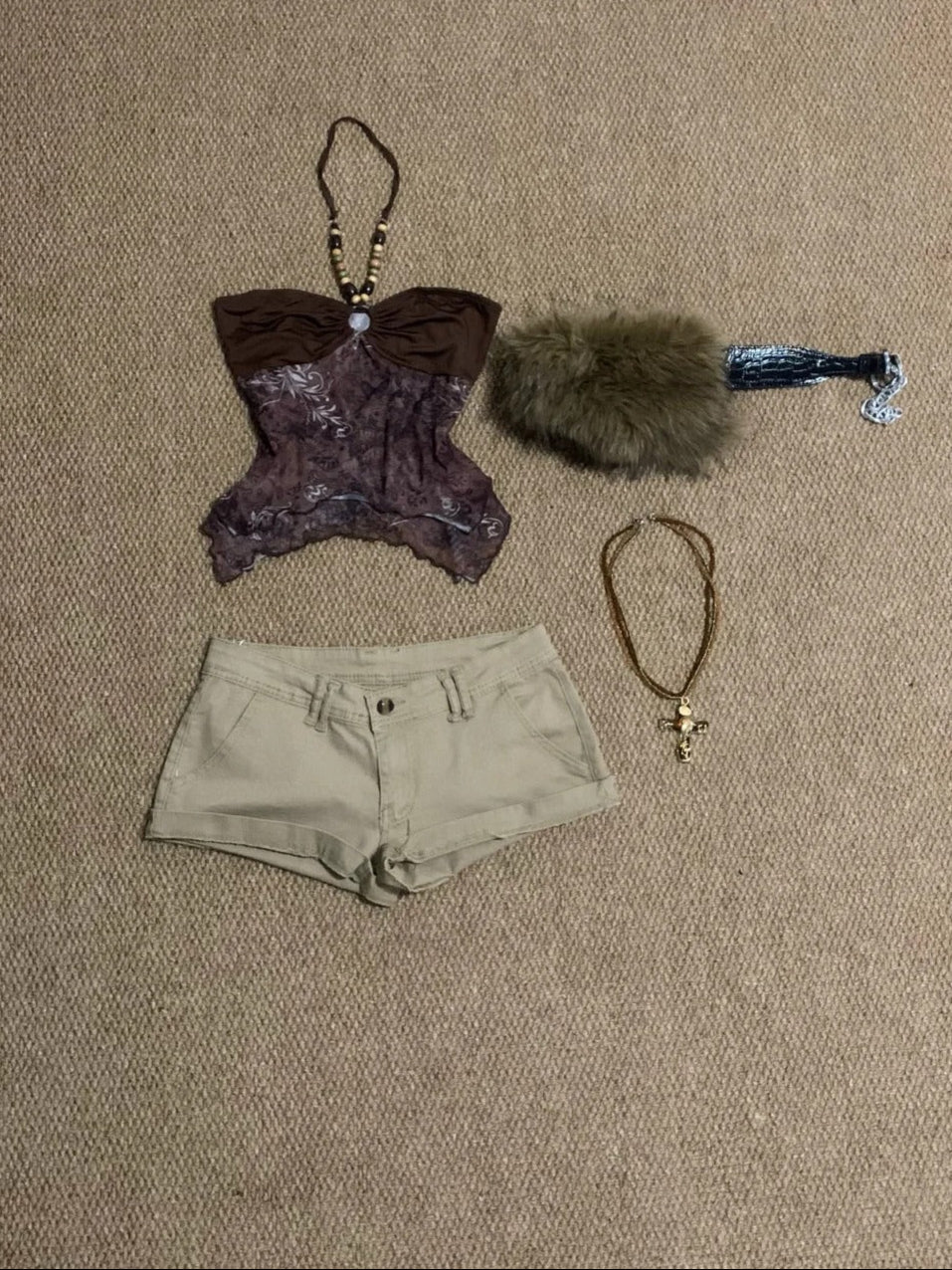 Brown Leopard Tube Top and Khaki Denim Shorts Y2K Two Pieces Sets