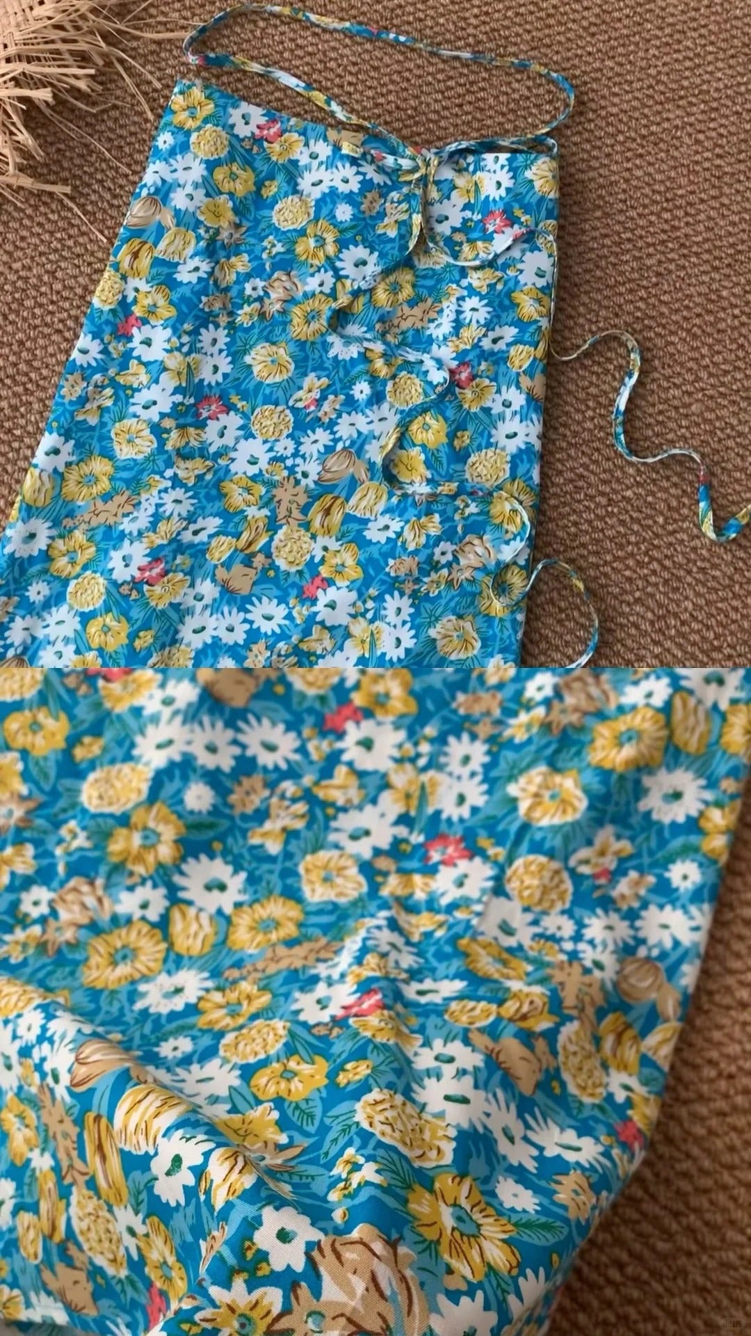 White Tie-Front Bustier and Blue Floral Skirt Y2K Two Pieces Sets
