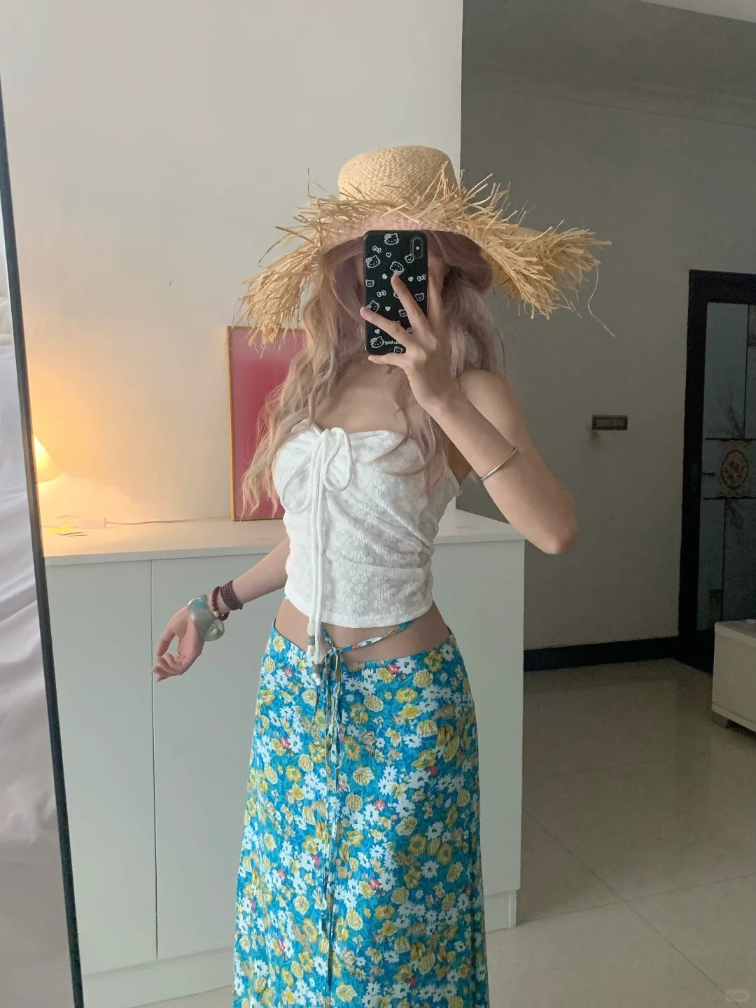White Tie-Front Bustier and Blue Floral Skirt Y2K Two Pieces Sets