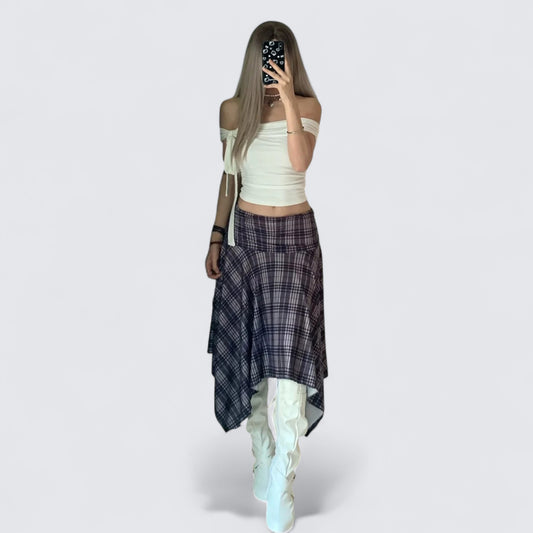 White One Shoulder Crop and Purple Brown Plaid Skirt Y2K Two Pieces Sets