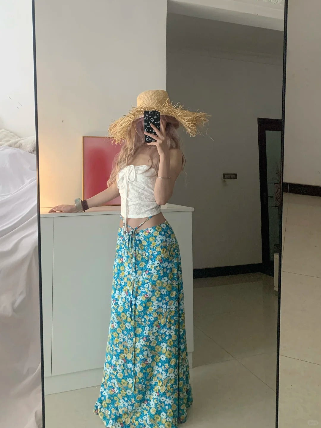 White Tie-Front Bustier and Blue Floral Skirt Y2K Two Pieces Sets