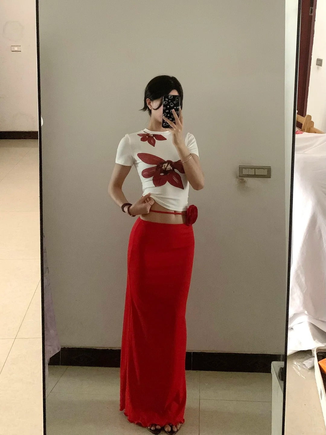 White Floral Crop and Red Skirt Y2K Two Pieces Sets