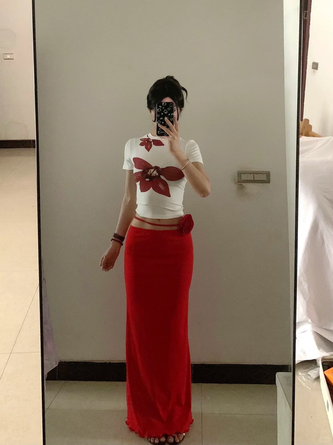 White Floral Crop and Red Skirt Y2K Two Pieces Sets