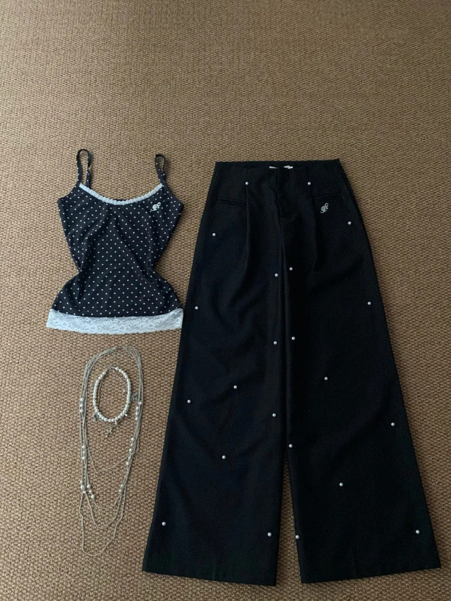 Black Dot Halter Crop and Pearl Wide-Leg Pants Y2K Two Pieces Sets
