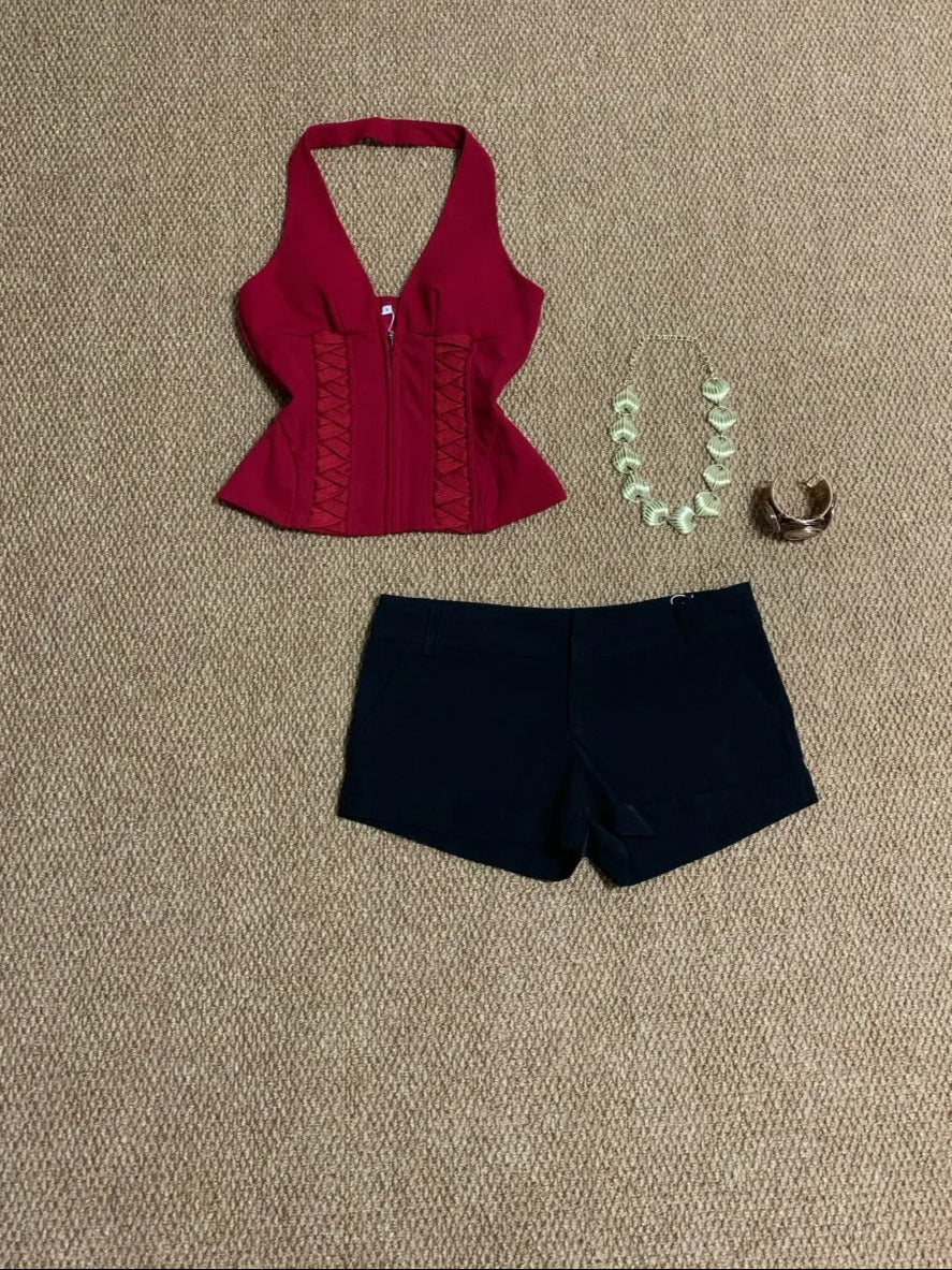 Red Halter Bustier and Black Shorts Y2K Two Pieces Sets