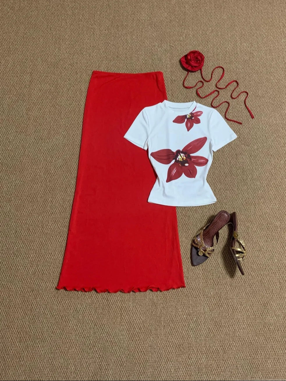 White Floral Crop and Red Skirt Y2K Two Pieces Sets