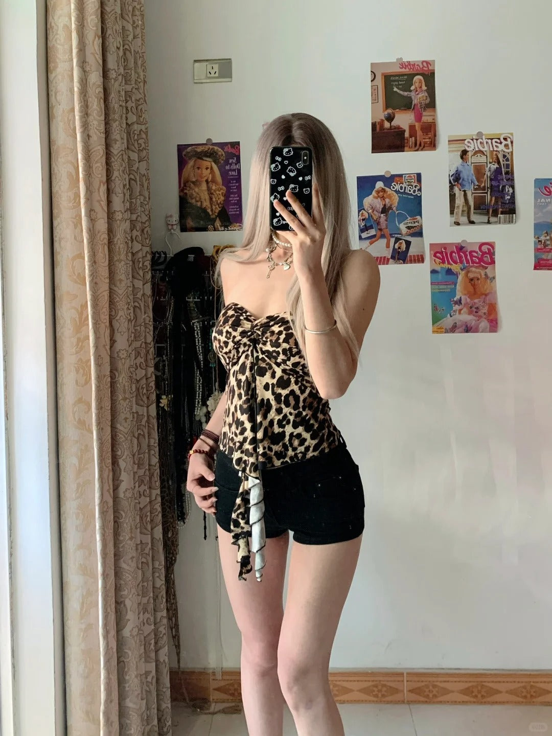Leopard Crop Top and Black Shorts with Tie Y2K Two Pieces Sets