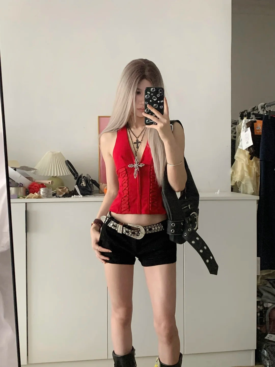 Red Halter Bustier and Black Shorts Y2K Two Pieces Sets