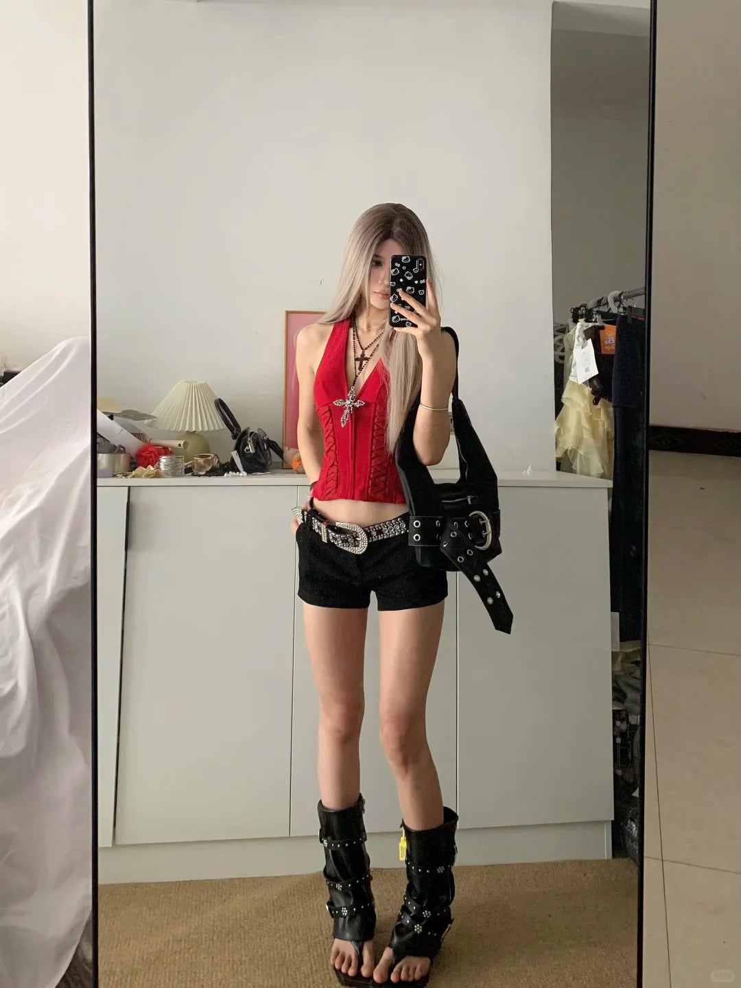 Red Halter Bustier and Black Shorts Y2K Two Pieces Sets