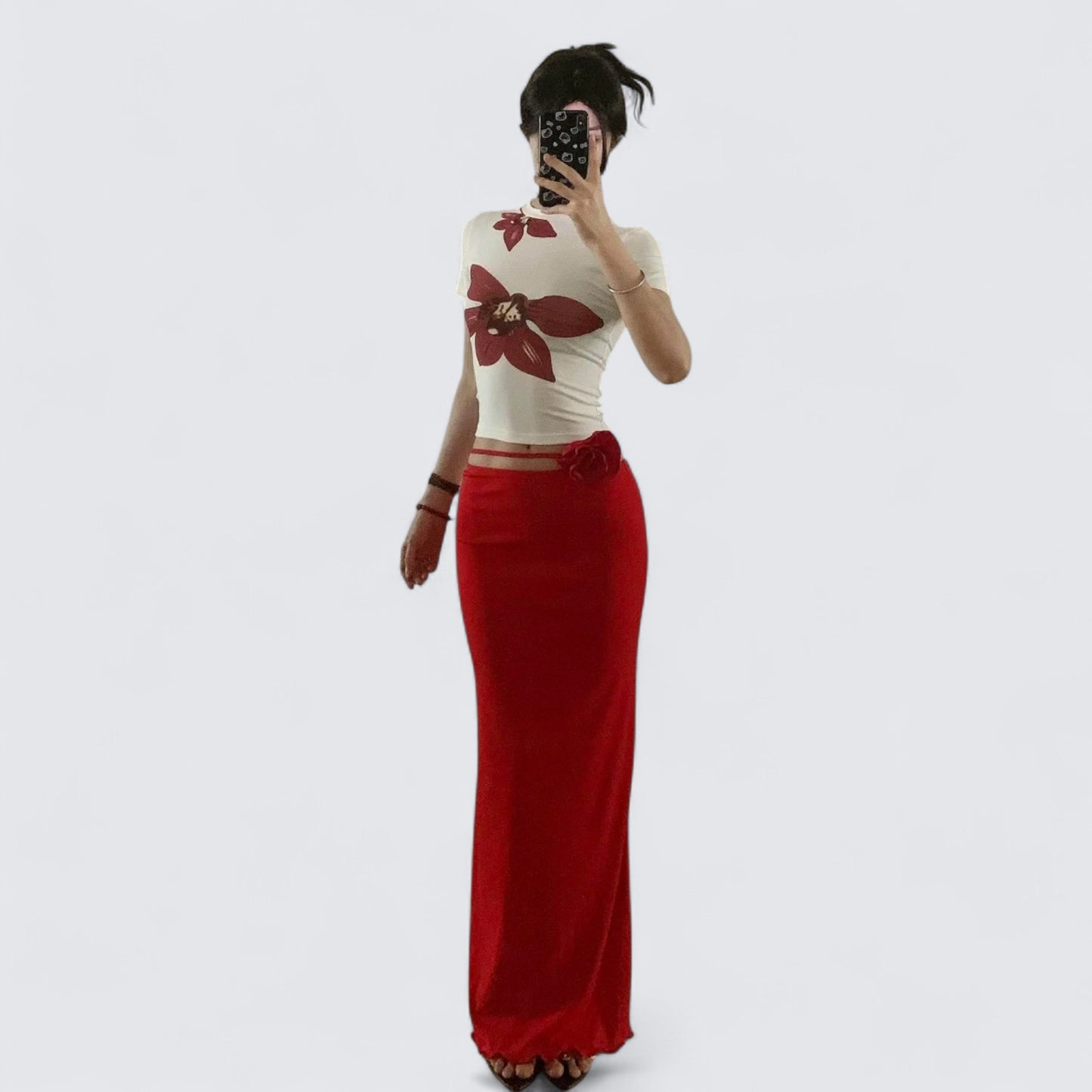 White Floral Crop and Red Skirt Y2K Two Pieces Sets