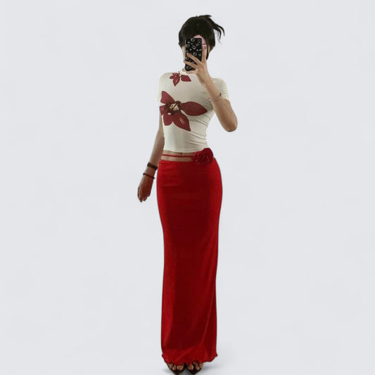 White Floral Crop and Red Skirt Y2K Two Pieces Sets