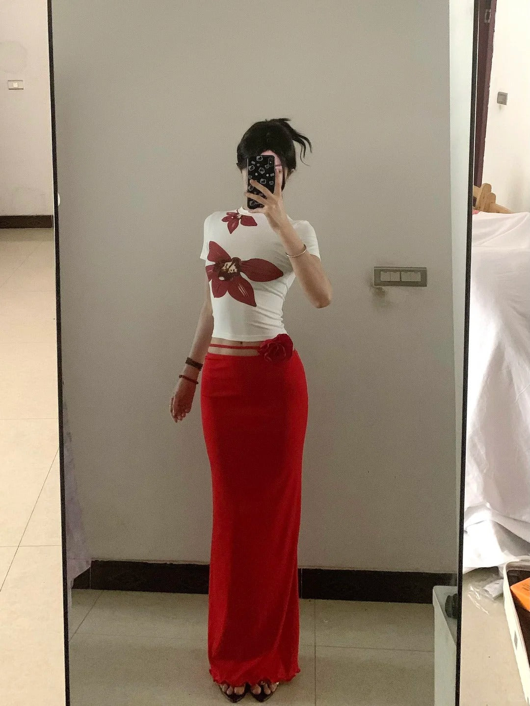 White Floral Crop and Red Skirt Y2K Two Pieces Sets