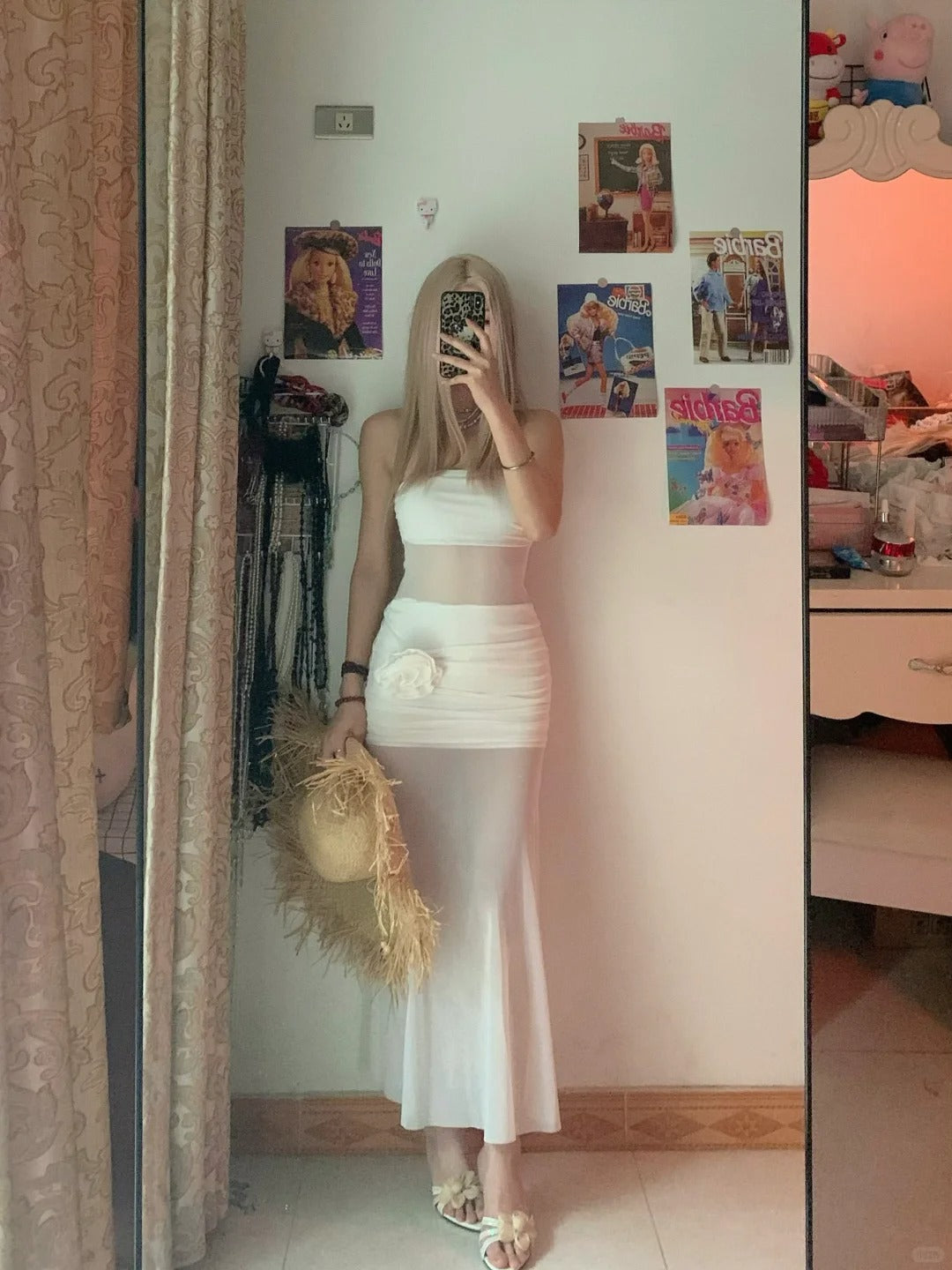 White Bustier Dress with Mesh Panel Y2K Midi Dress