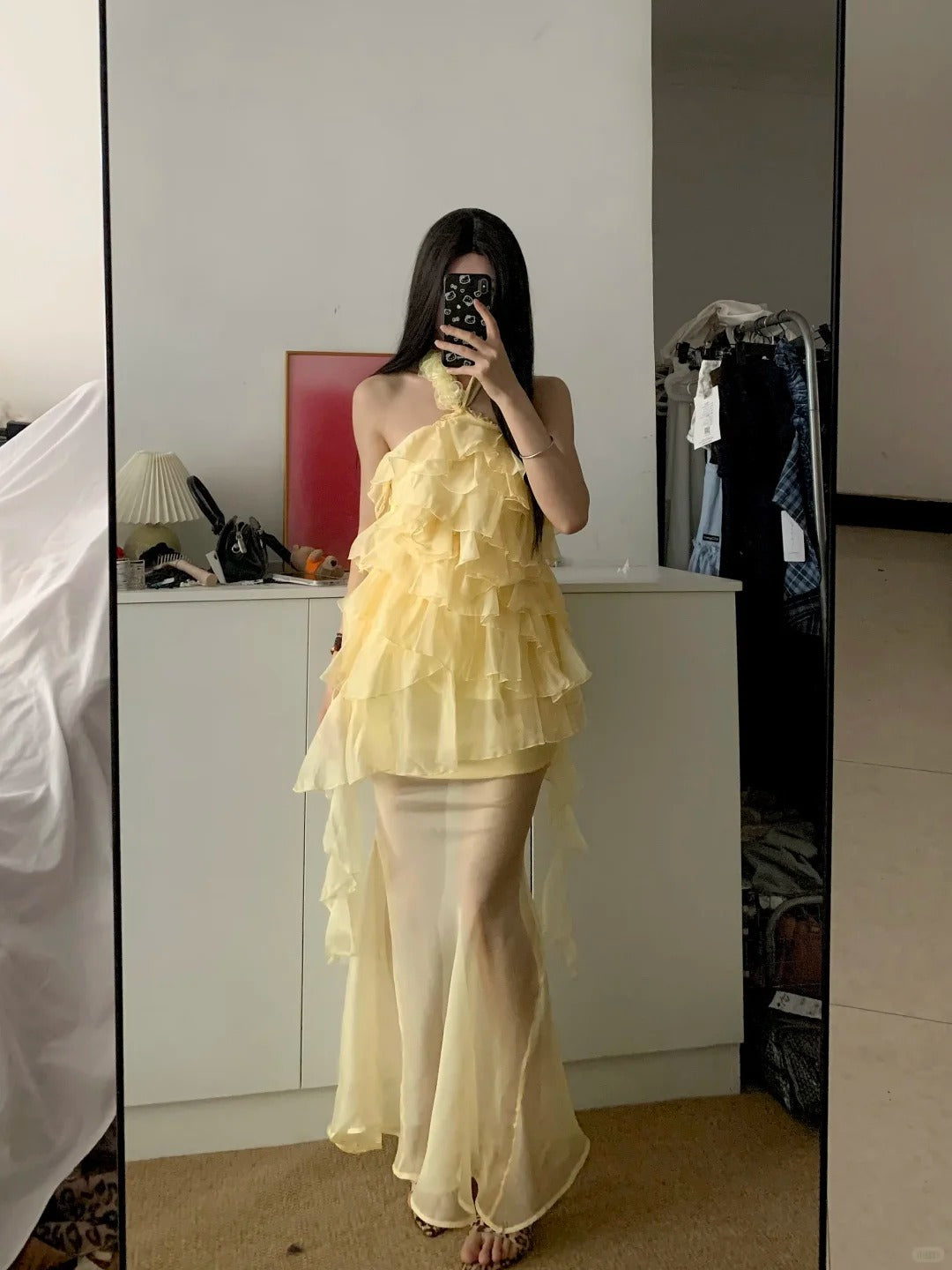Light Yellow Halter Ruffle Maxi Dress Y2K Midi Dress