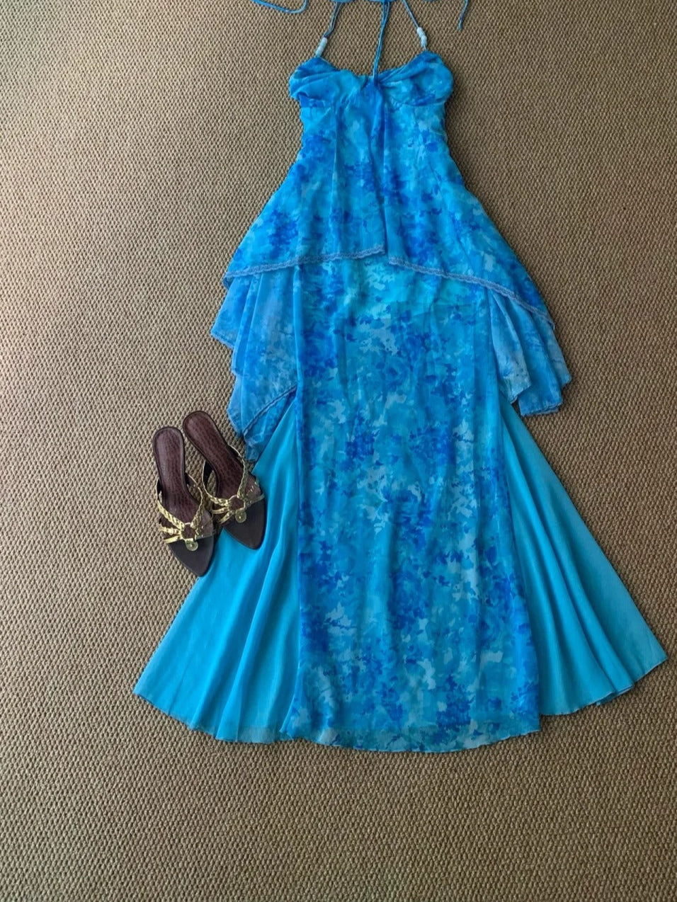 Blue Tie-Dye Halter Maxi Dress Y2K Midi Dress
