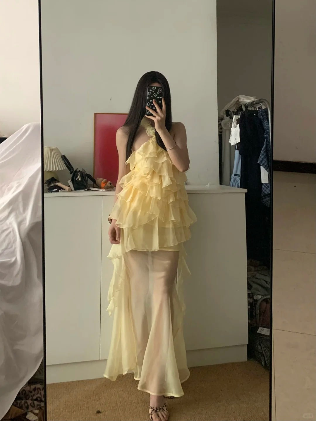 Light Yellow Halter Ruffle Maxi Dress Y2K Midi Dress