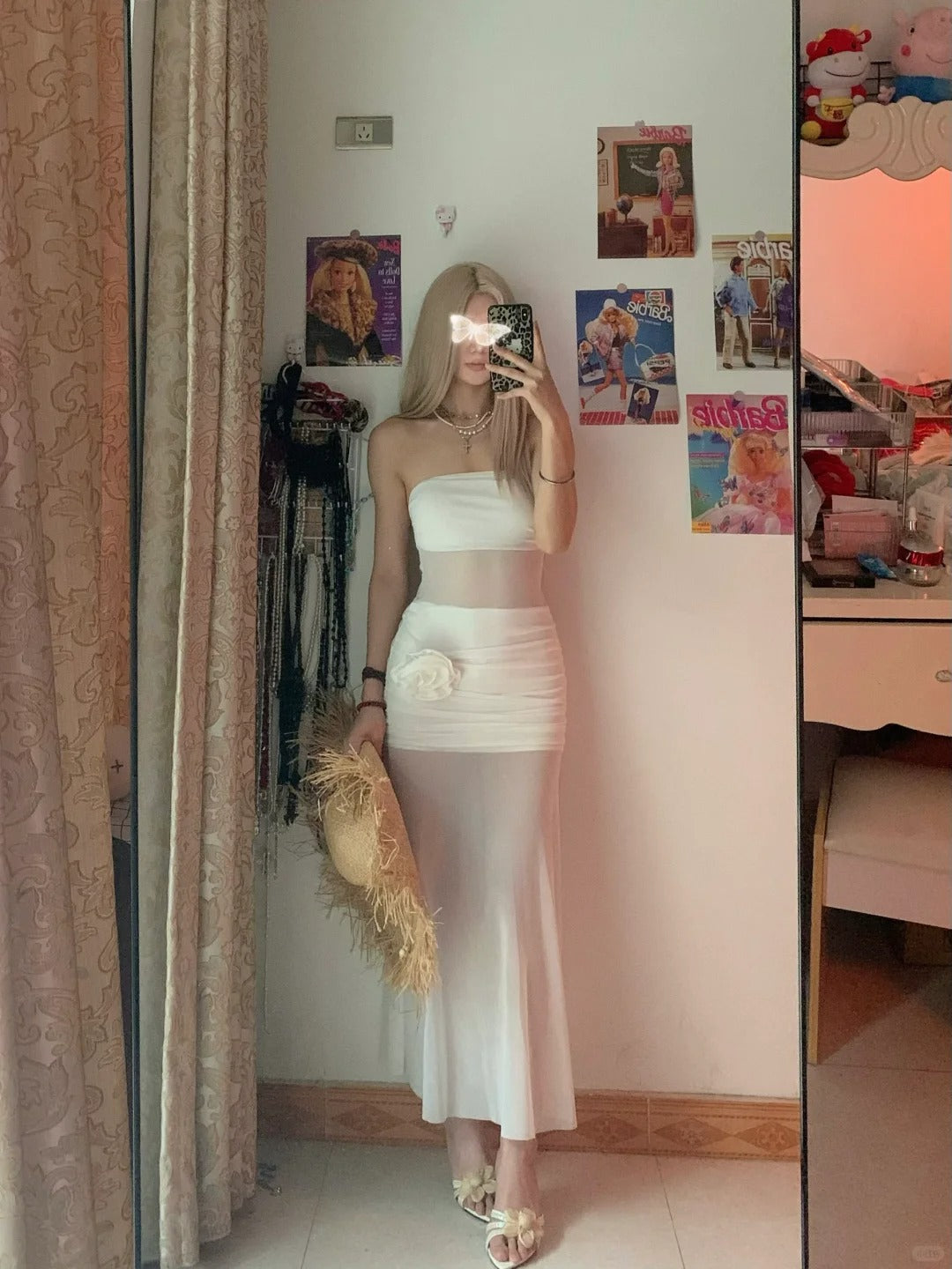 White Bustier Dress with Mesh Panel Y2K Midi Dress