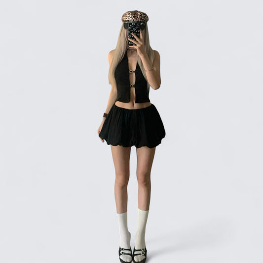 Black Halter Ring Detail Crop and Flared Shorts Y2K Two Pieces Sets