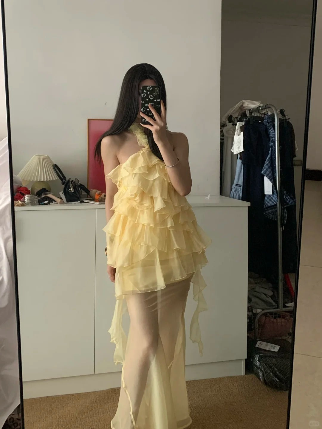 Light Yellow Halter Ruffle Maxi Dress Y2K Midi Dress