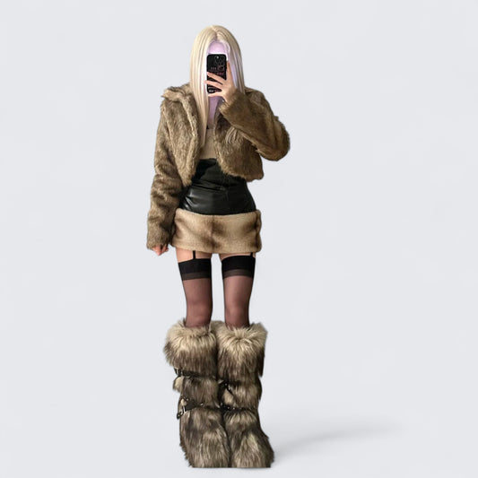 Brown Fur Jacket and Faux Leather Skirt Y2K Outfit