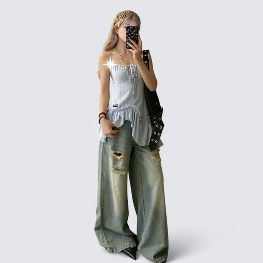 Pastel Halter Ruffle Top and Distressed Denim Pants Y2K Two Pieces Sets
