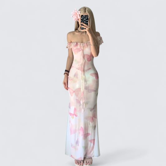 Pink Butterfly Off-Shoulder Maxi Dress Y2K Midi Dress