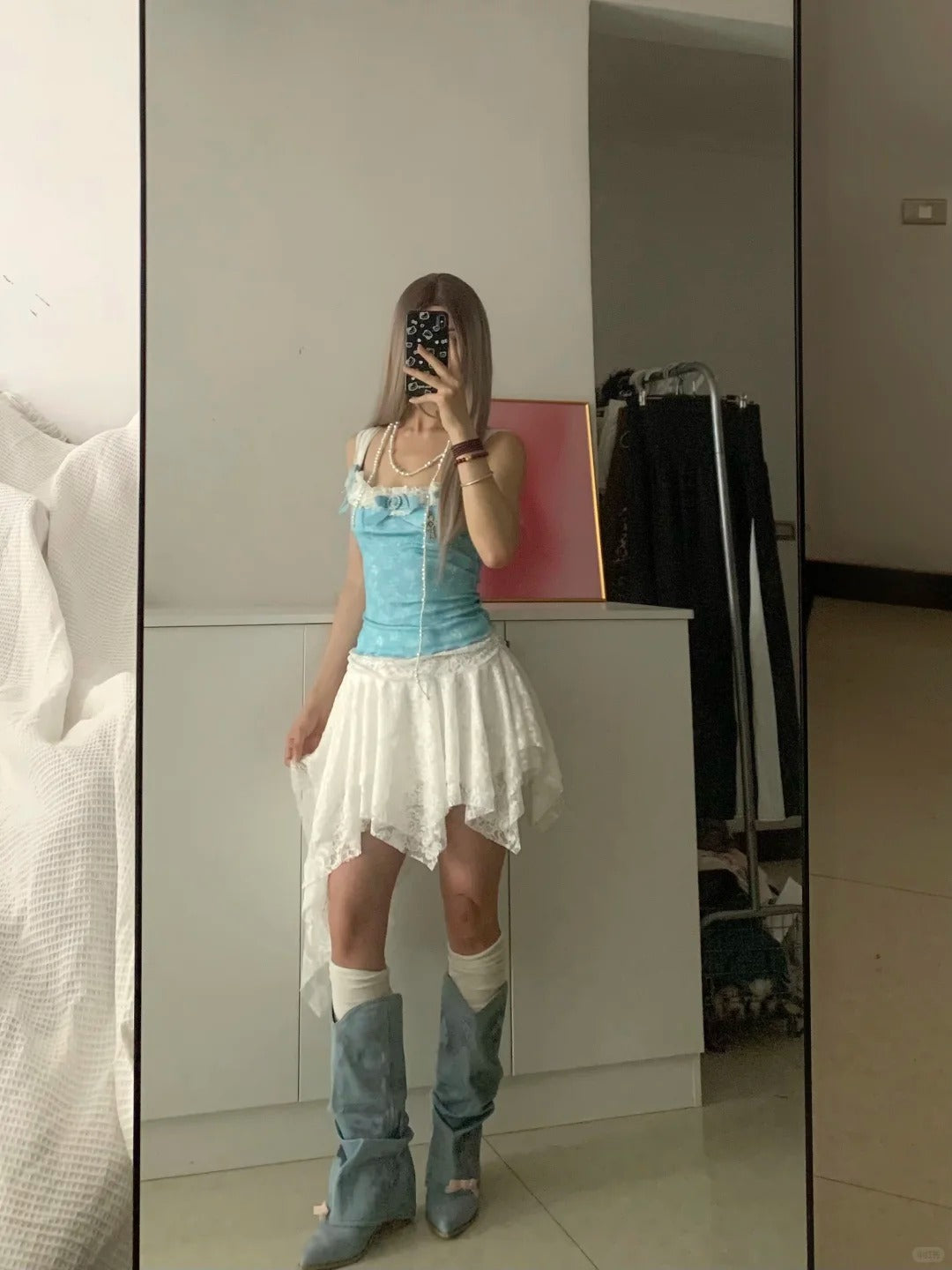 Blue Lace Cami and White Skirt Y2K Two Pieces Sets