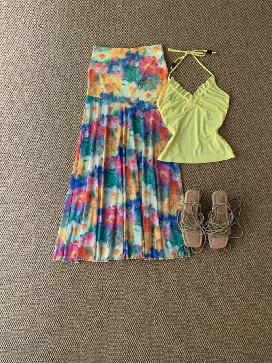 Yellow Halter Top and Floral Maxi Skirt Y2K Two Pieces Sets