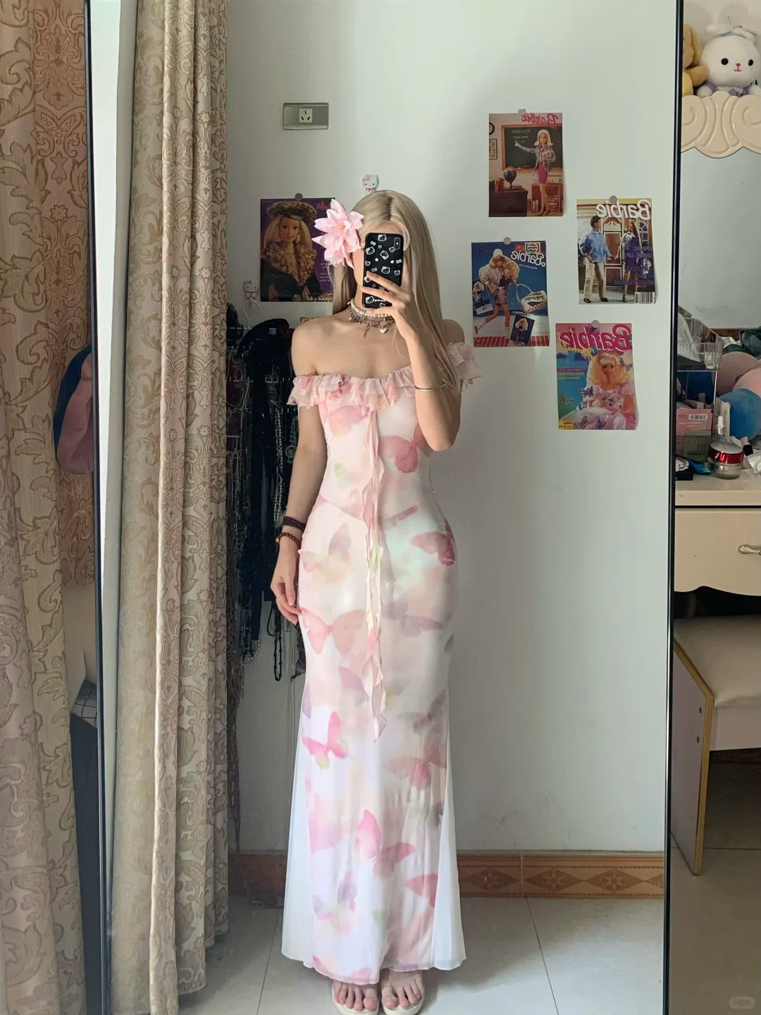 Pink Butterfly Off-Shoulder Maxi Dress Y2K Midi Dress