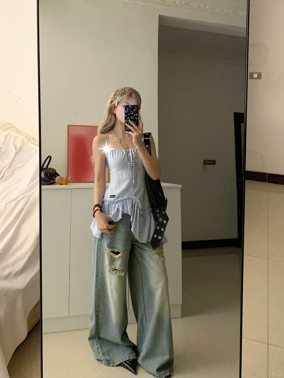 Pastel Halter Ruffle Top and Distressed Denim Pants Y2K Two Pieces Sets