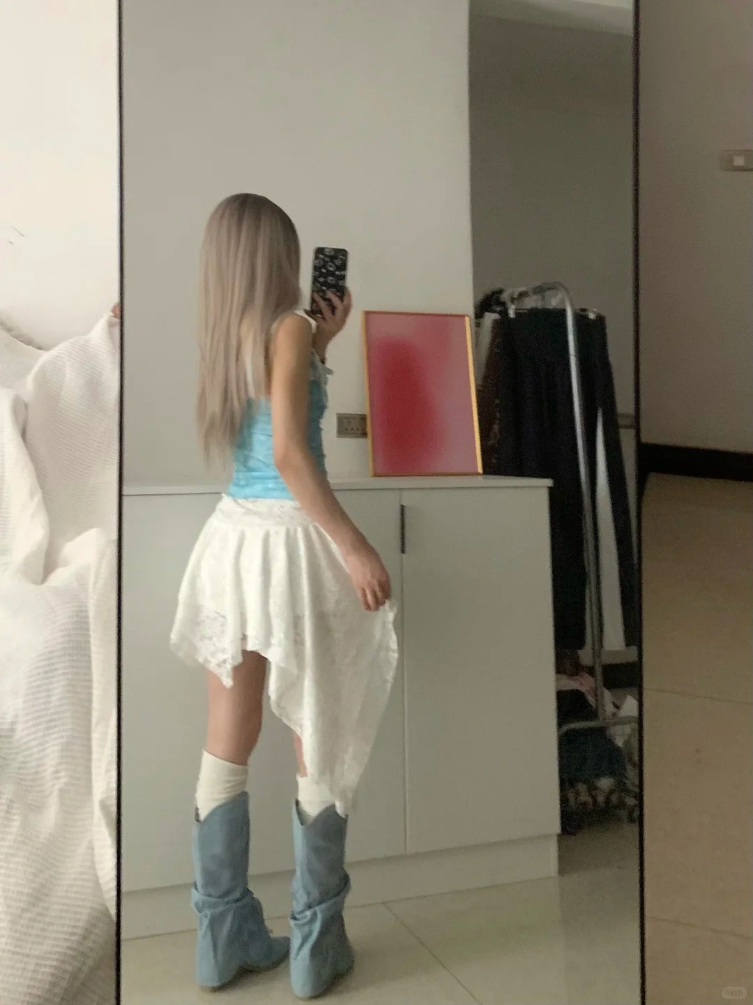 Blue Lace Cami and White Skirt Y2K Two Pieces Sets