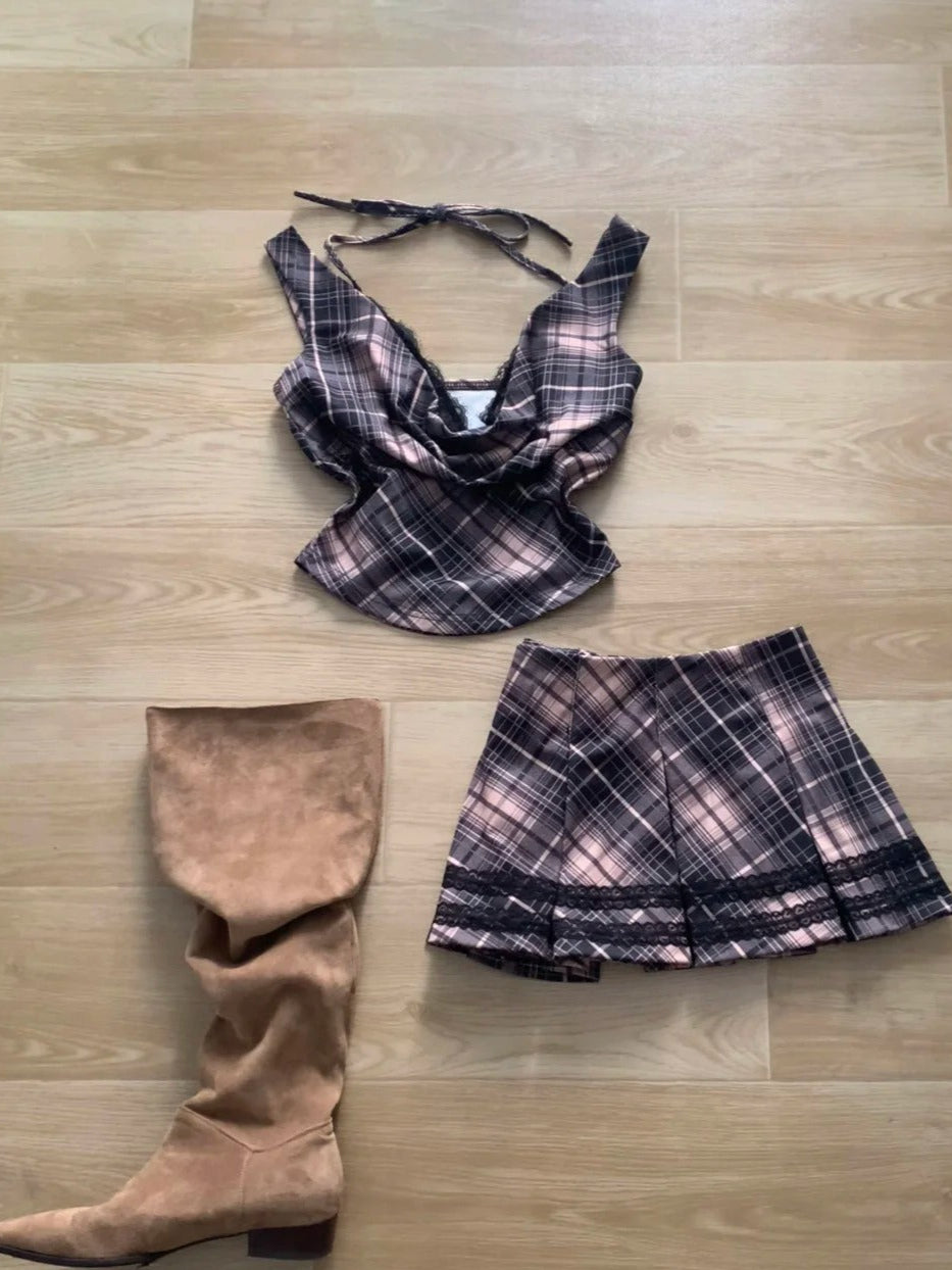 Black White Check Sleeveless Pleated Mini Dress Y2K Mini Dress