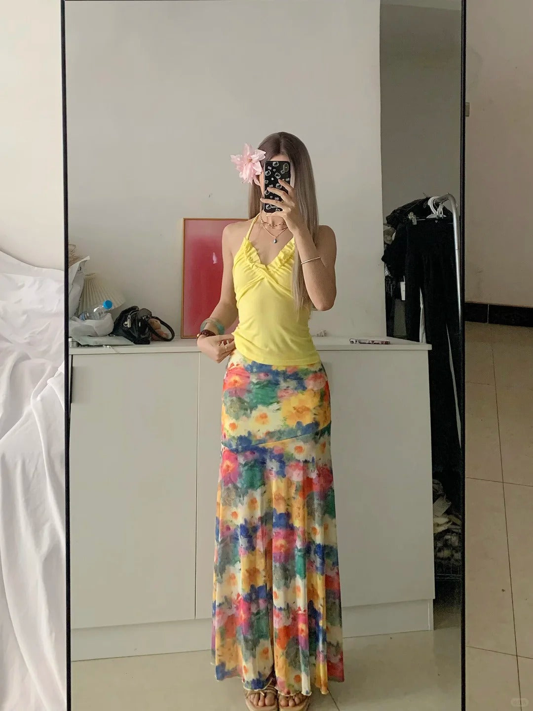Yellow Halter Top and Floral Maxi Skirt Y2K Two Pieces Sets