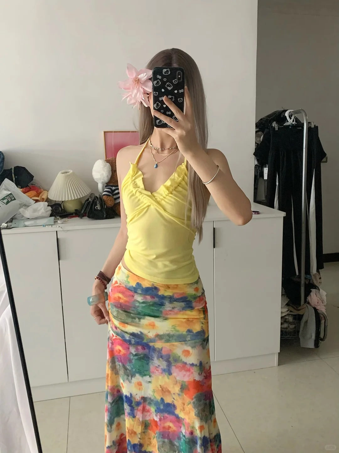Yellow Halter Top and Floral Maxi Skirt Y2K Two Pieces Sets
