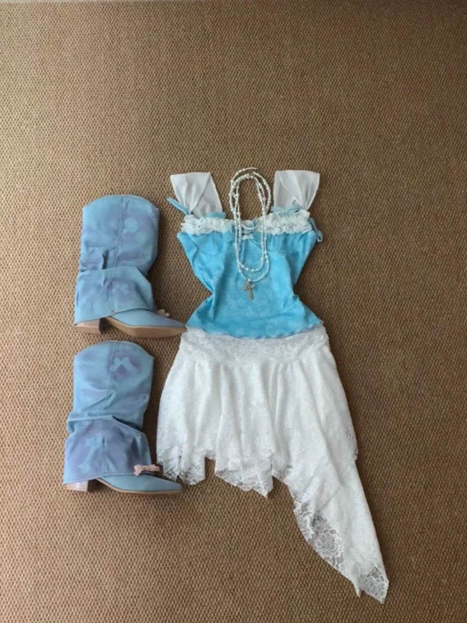 Blue Lace Cami and White Skirt Y2K Two Pieces Sets