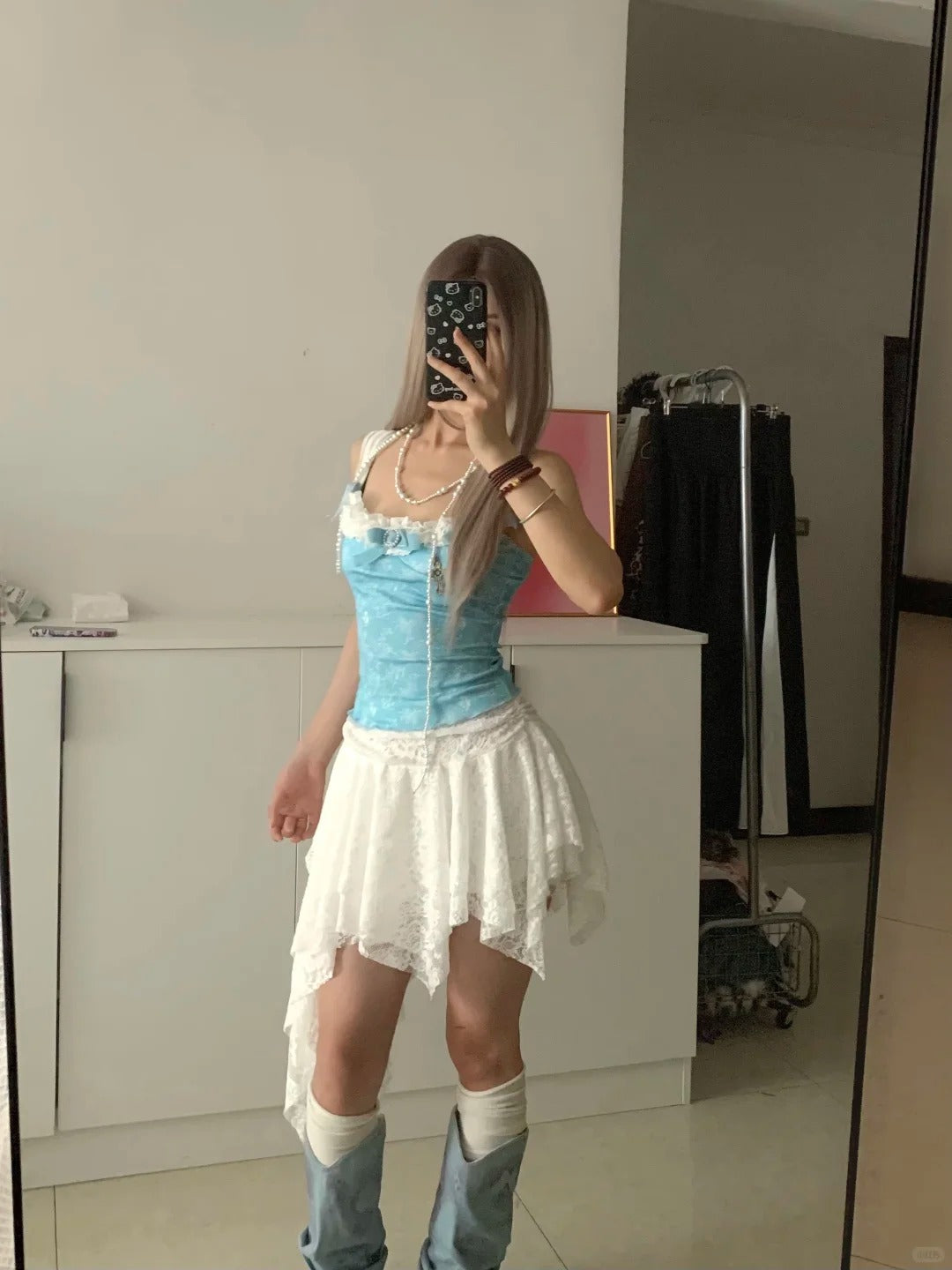 Blue Lace Cami and White Skirt Y2K Two Pieces Sets