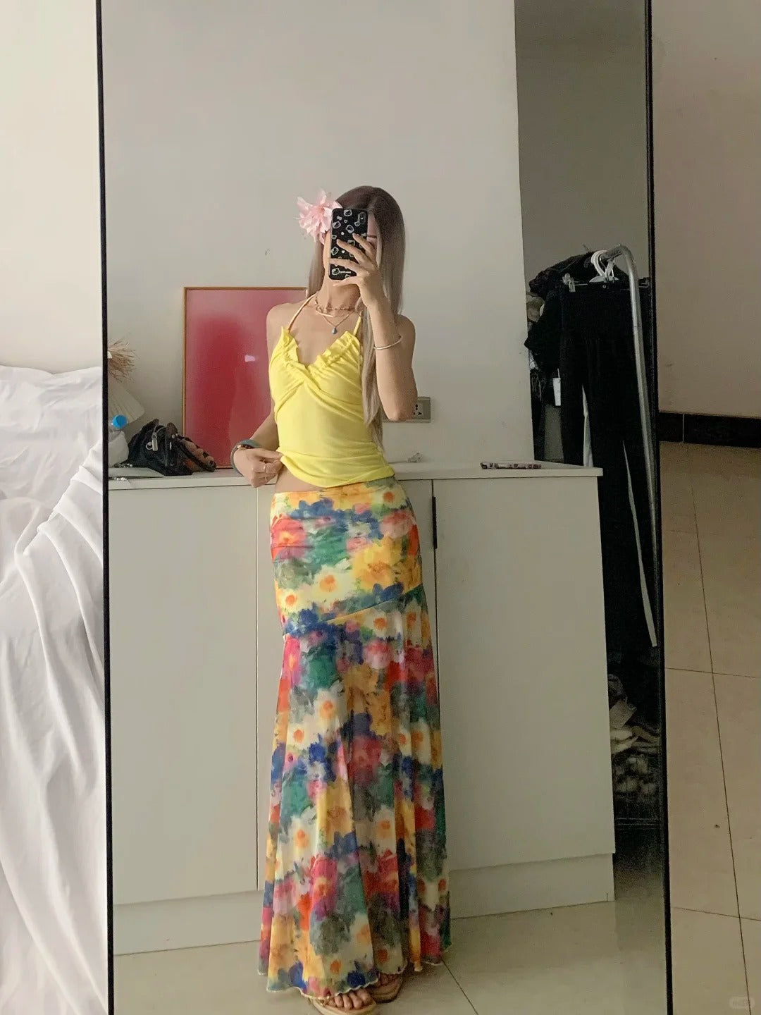 Yellow Halter Top and Floral Maxi Skirt Y2K Two Pieces Sets