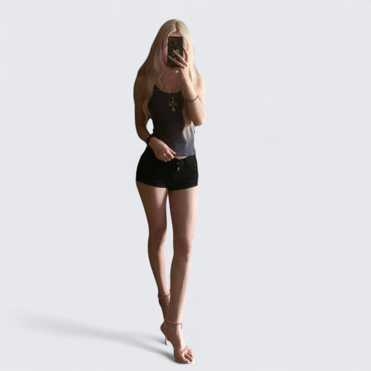 Dark Gray Cami Top and Black Denim Mini Shorts Y2K Two Piece Sets