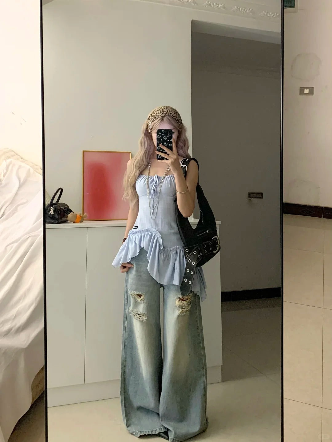Pastel Halter Ruffle Top and Distressed Denim Pants Y2K Two Pieces Sets