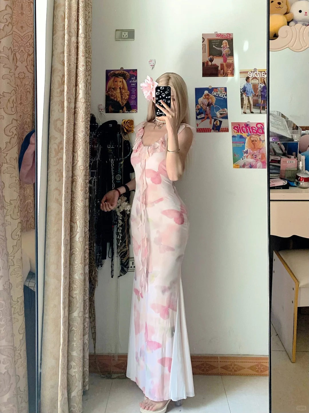 Pink Butterfly Off-Shoulder Maxi Dress Y2K Midi Dress