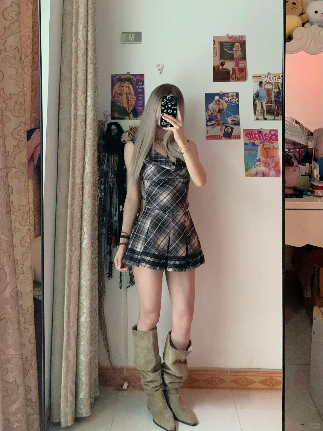 Black White Check Sleeveless Pleated Mini Dress Y2K Mini Dress