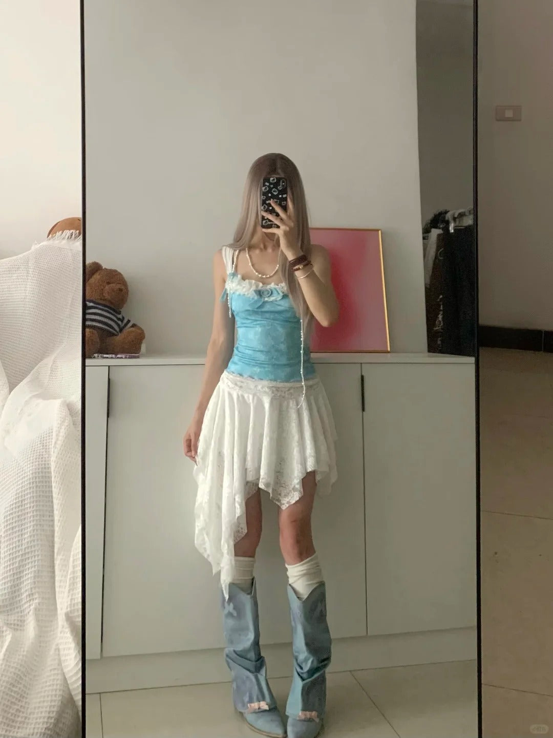 Blue Lace Cami and White Skirt Y2K Two Pieces Sets