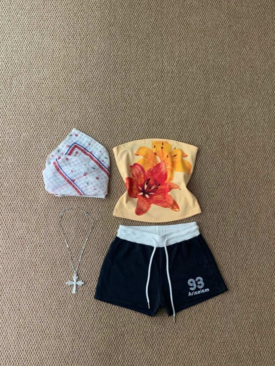 Floral Bustier and Black Shorts Y2K Two Pieces Sets