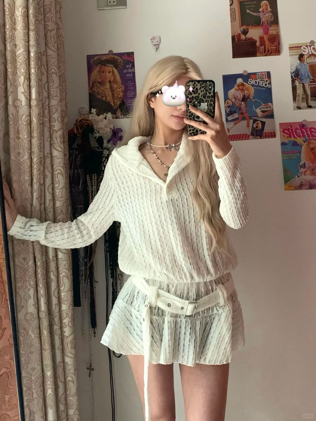 White Knit Hooded Top and Mini Skirt Y2K Two Piece Sets