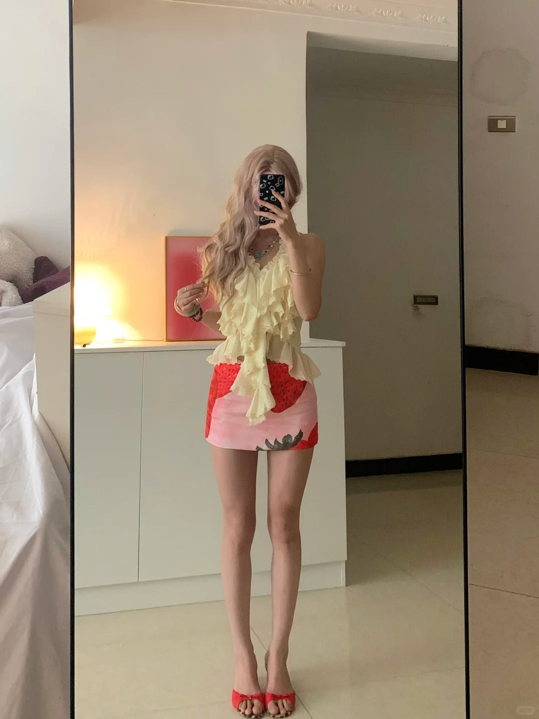 Pastel Ruffle Halter Top and Strawberry Mini Skirt Y2K Two Pieces Sets