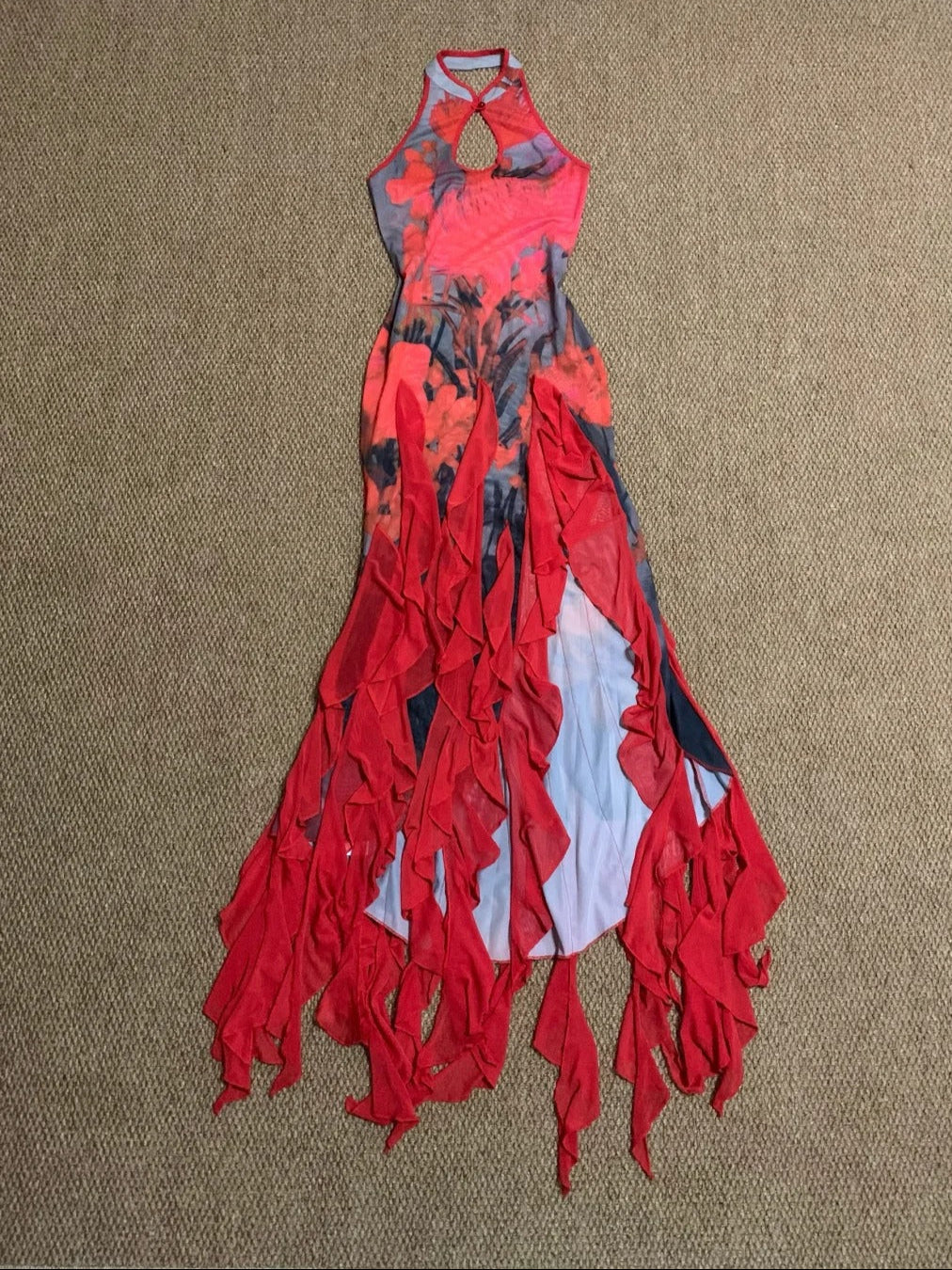 Red Floral Ruffle Midi Dress Y2K Midi Dress